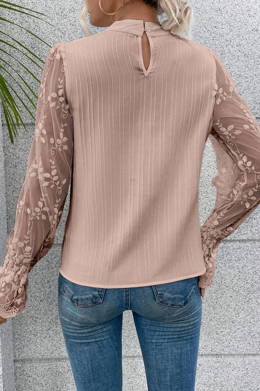 Shewin Women's Apricot Pink Textured Mock Neck Blouse with Contrast Lace Sleeves