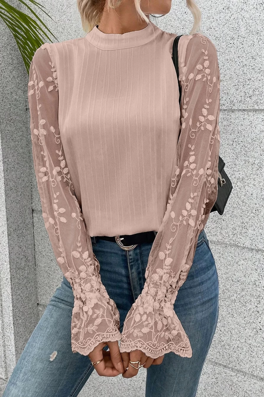 Shewin Women's Apricot Pink Textured Mock Neck Blouse with Contrast Lace Sleeves