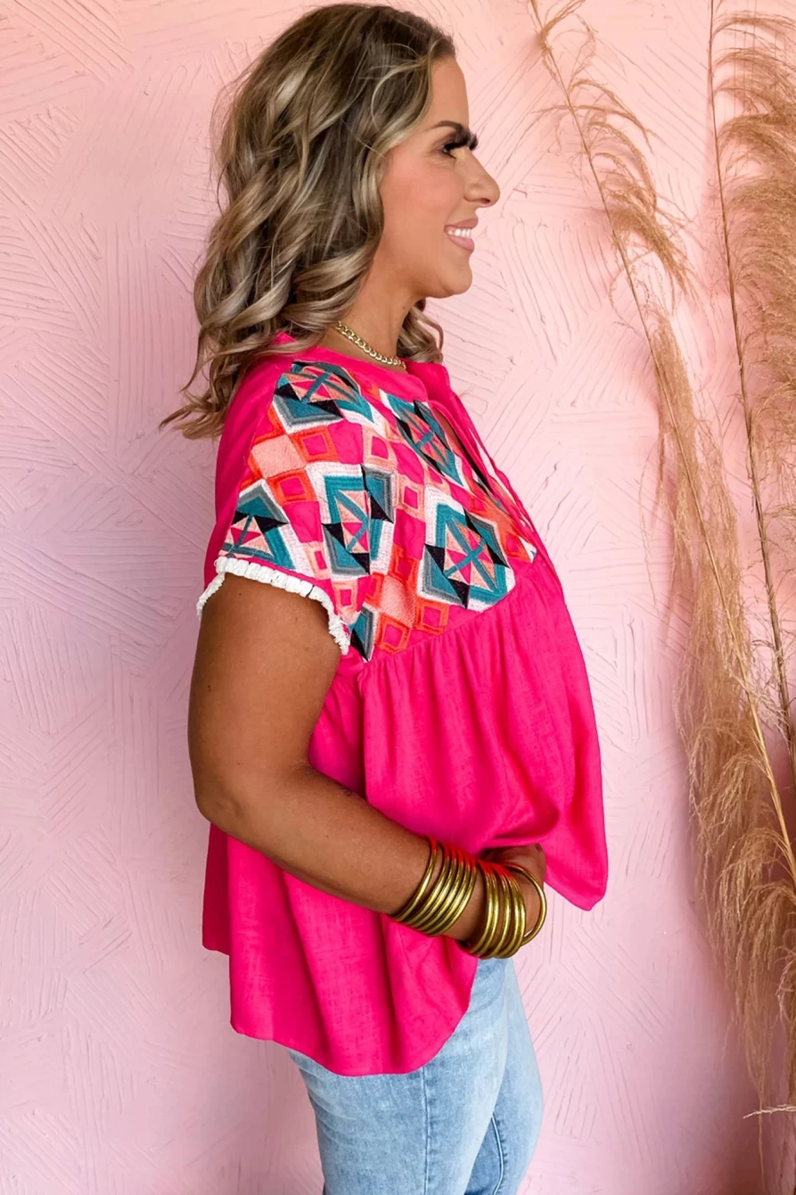 Shewin Women's Strawberry Pink Geometric Embroidered V-Neck Blouse with Tassel Tie Detail