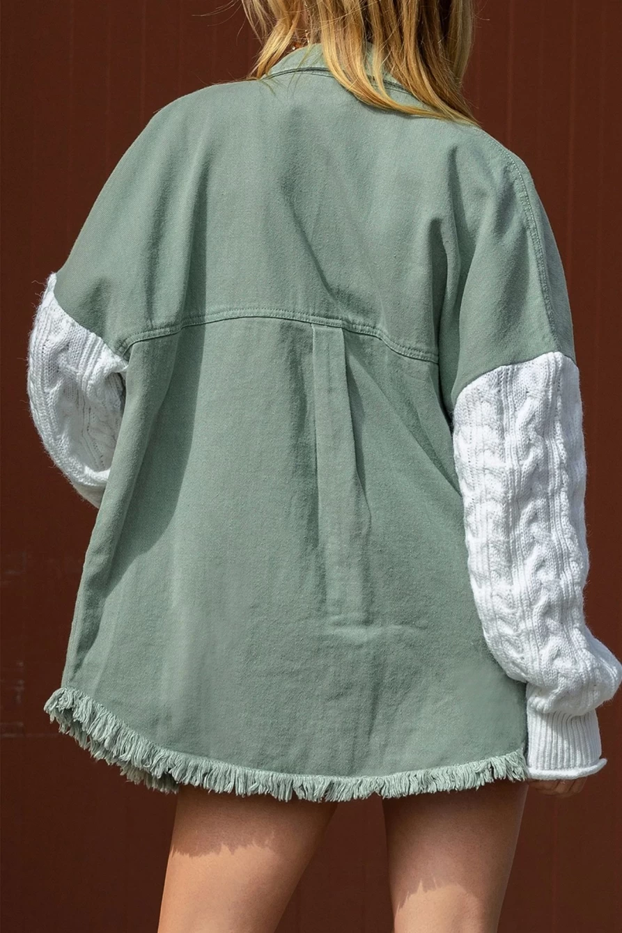 Shewin Women's Green Cable Knit Patchwork Sleeve Raw Hem Shacket Coat