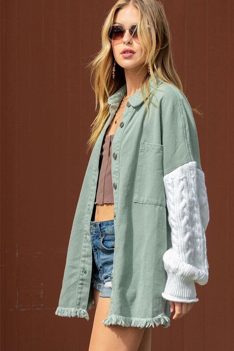 Shewin Women's Green Cable Knit Patchwork Sleeve Raw Hem Shacket Coat