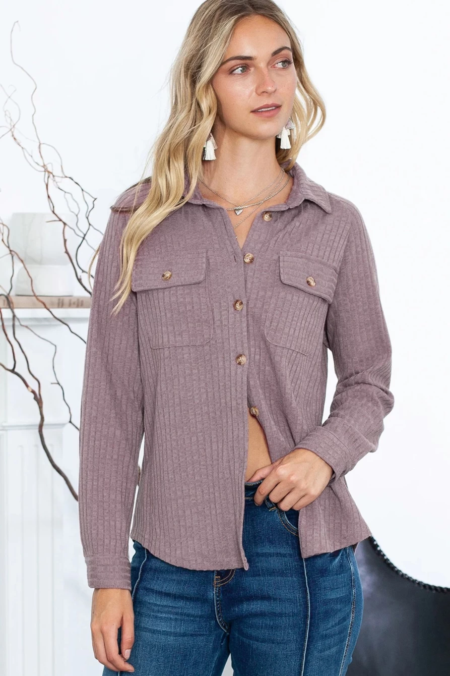 Women's Purple Ribbed Button Down Shirt Shacket with Raw Hem - Shewin