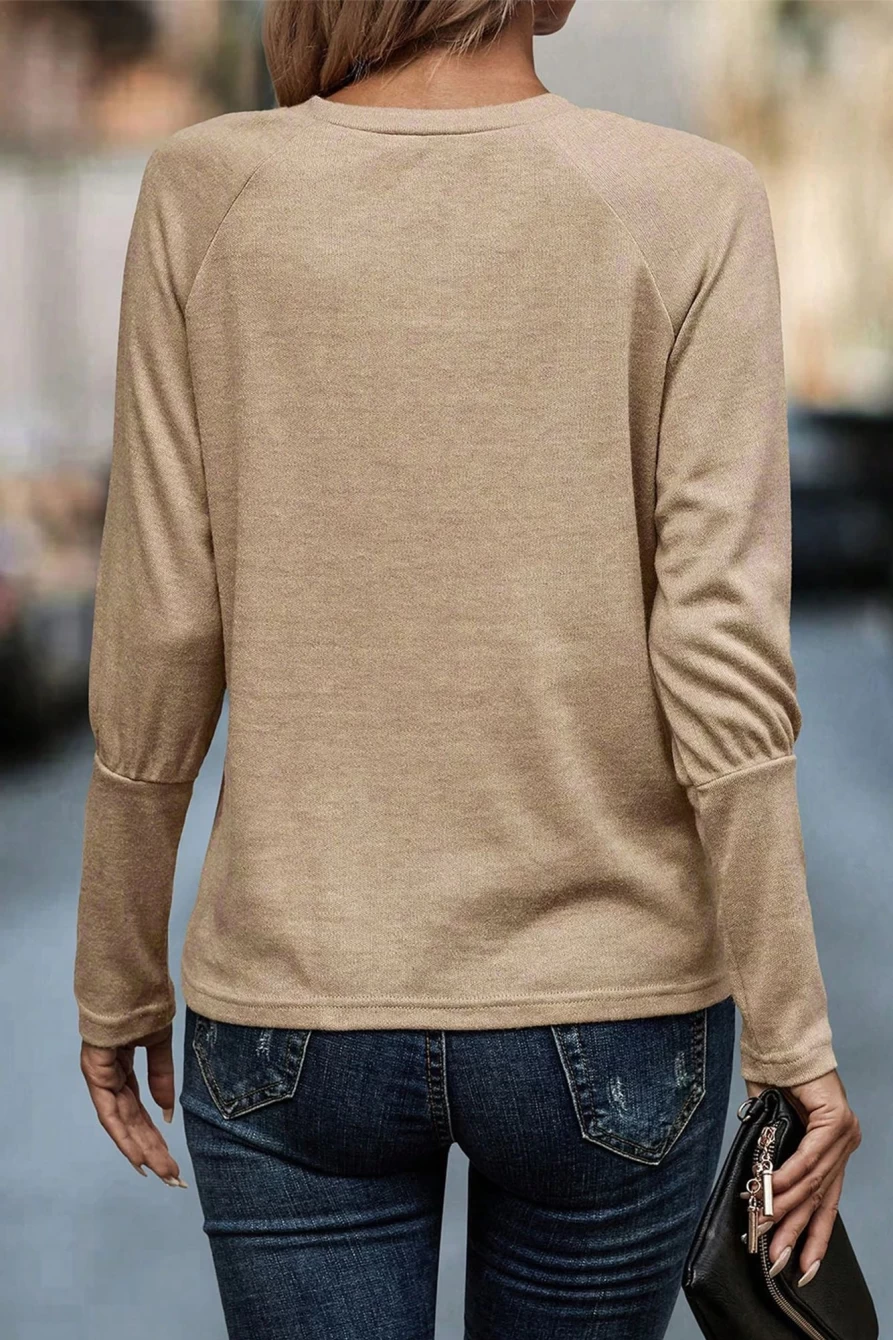 Shewin Women's Pale Khaki Plain Ruched Knit Top with Raglan Sleeves