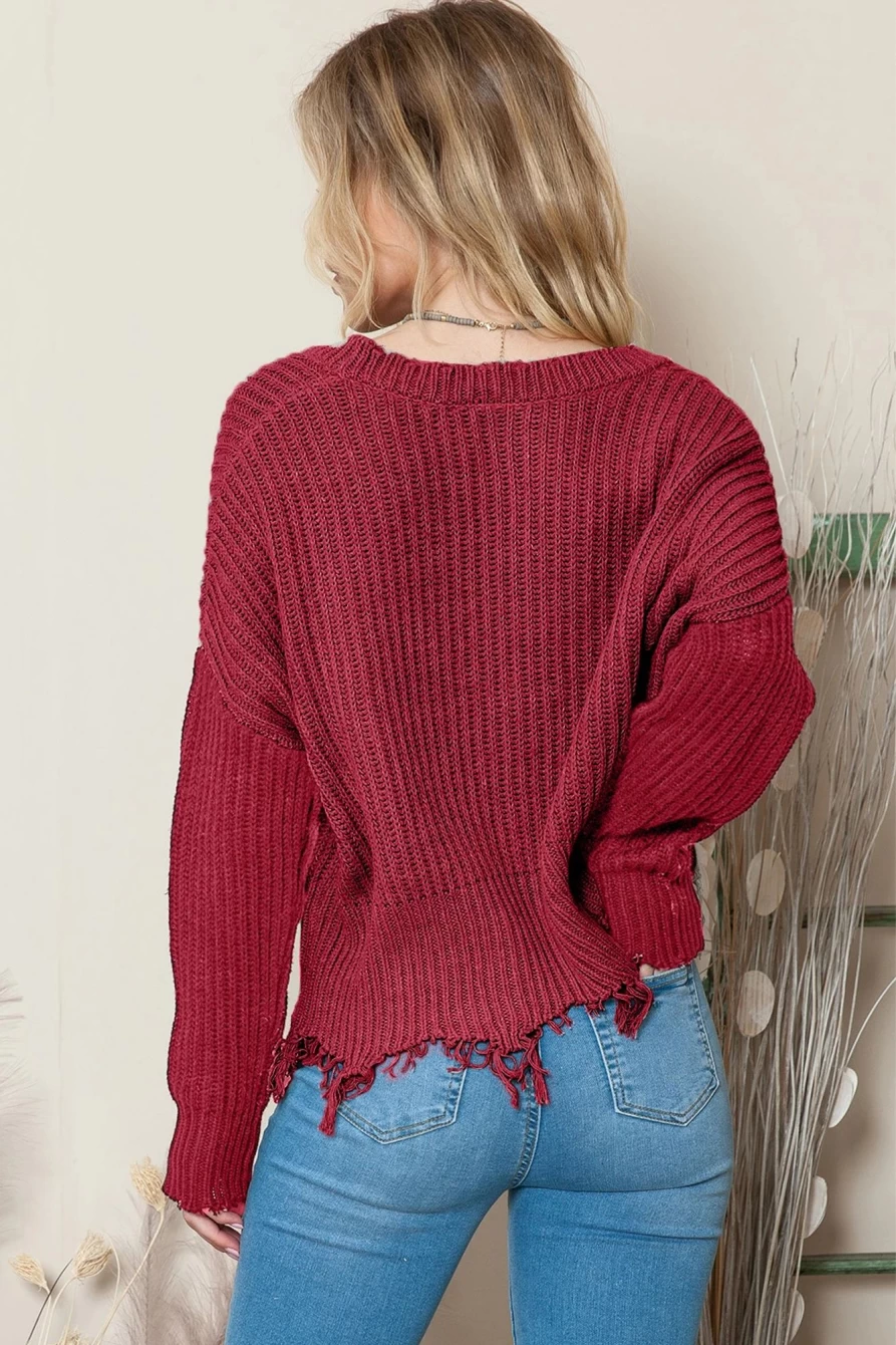 Shewin Women's Red V-Neck Casual Pullover Sweater with Pastel Tassel Hem