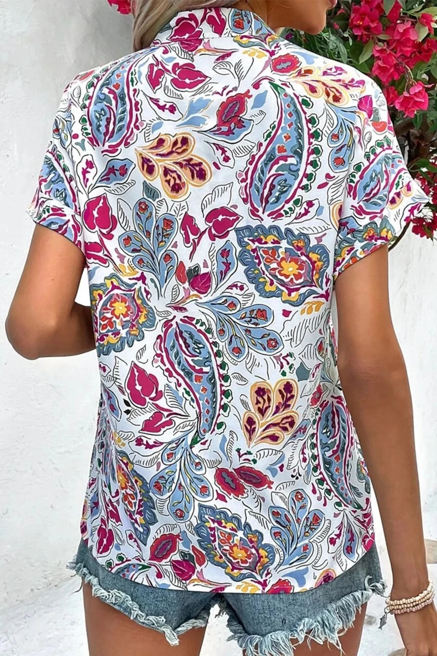 Shewin Women's Sky Blue Floral Print V-Neck Casual Short Sleeve Blouse