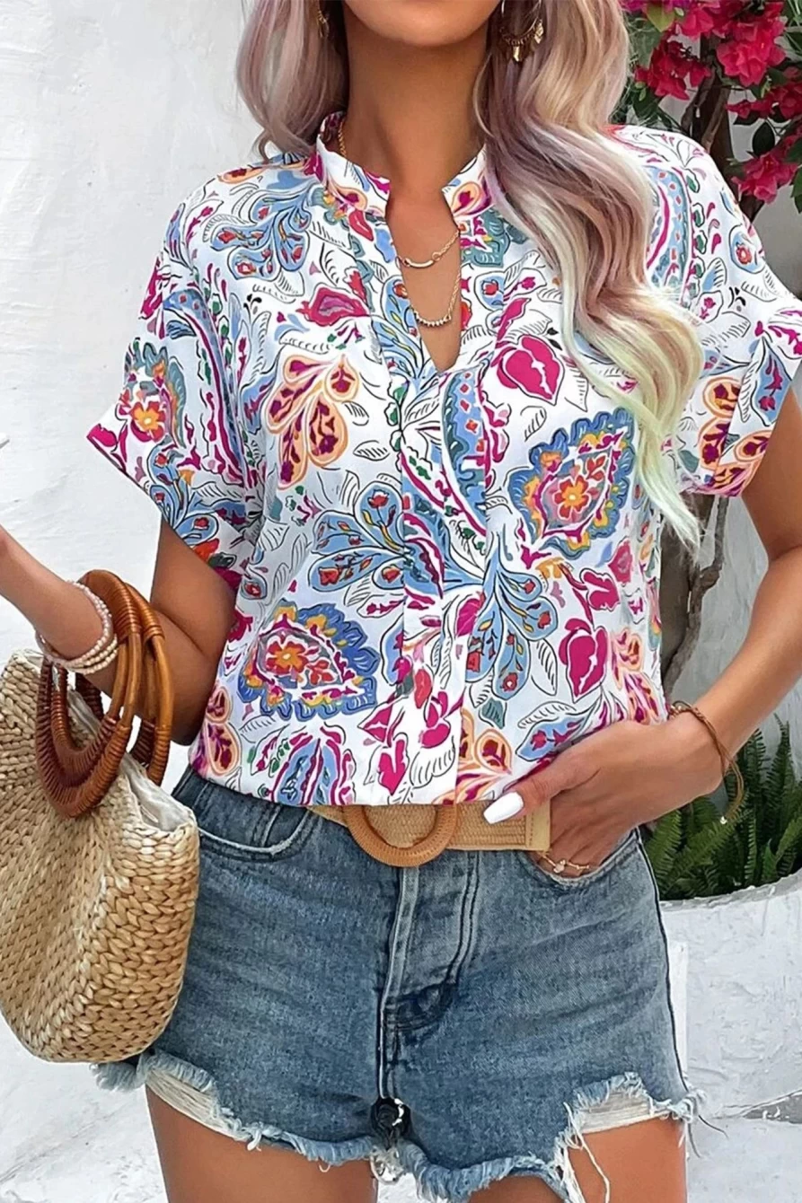 Shewin Women's Sky Blue Floral Print V-Neck Casual Short Sleeve Blouse