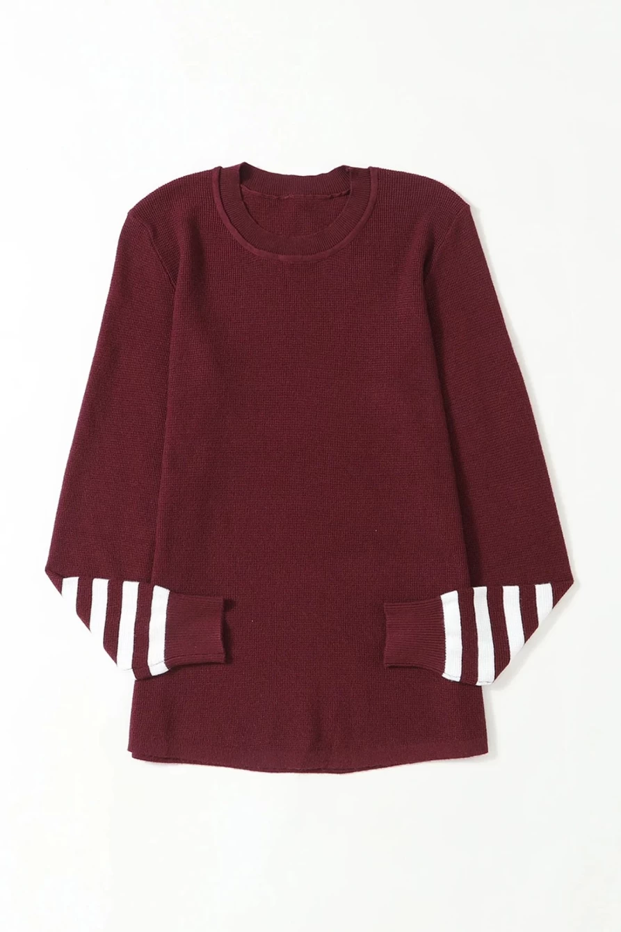 Women's Red Striped Knit Sweater - Shewin Casual Crew Neck Long Sleeve Top