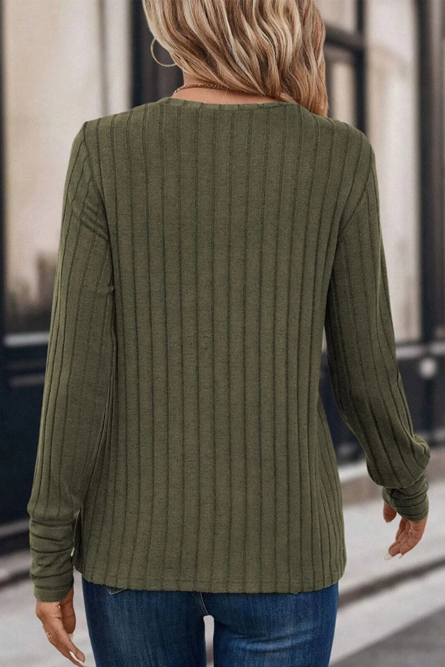 Shewin Women's Duffel Green Solid Color Ribbed Knit Long Sleeve Top