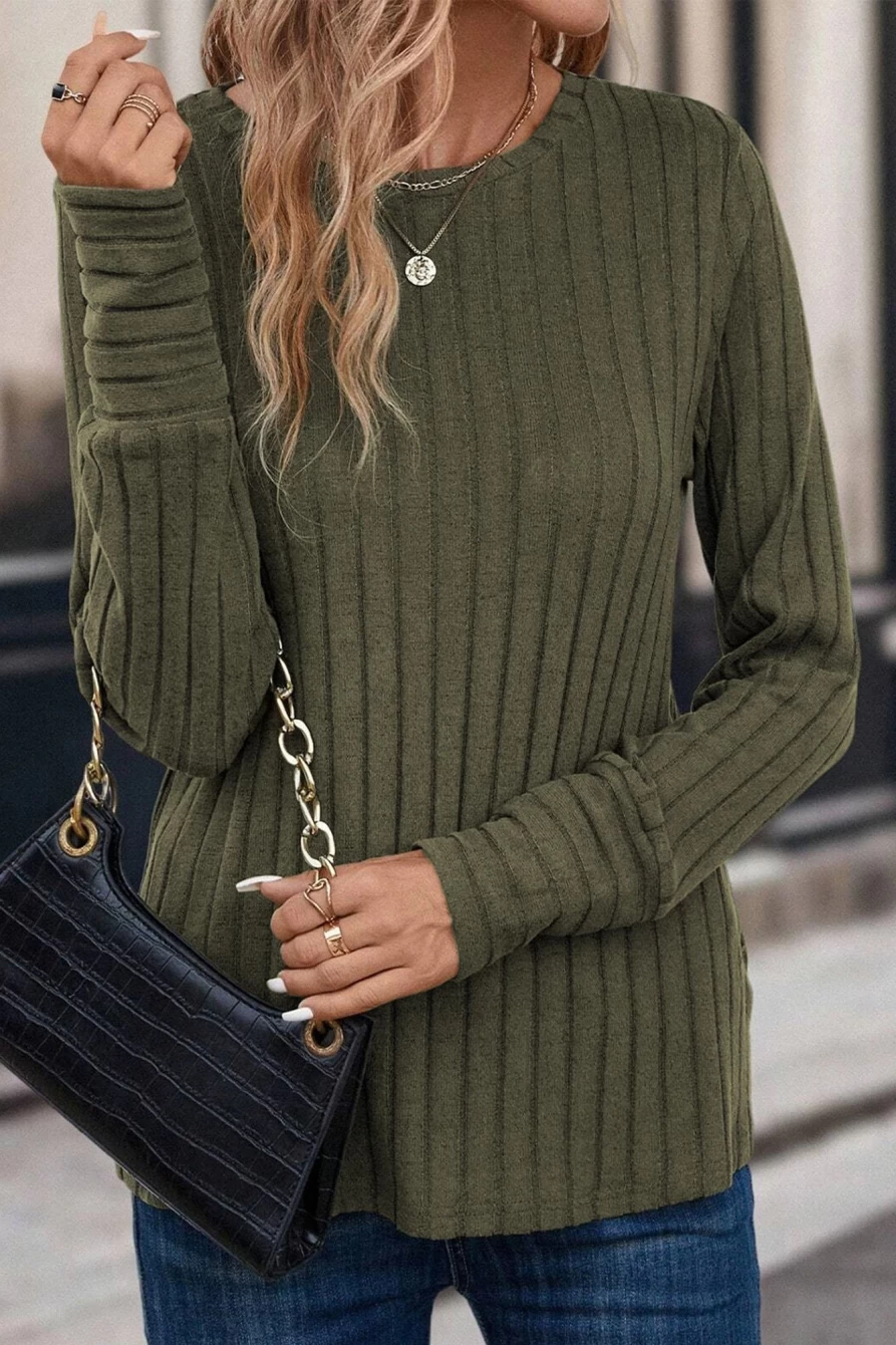 Shewin Women's Duffel Green Solid Color Ribbed Knit Long Sleeve Top