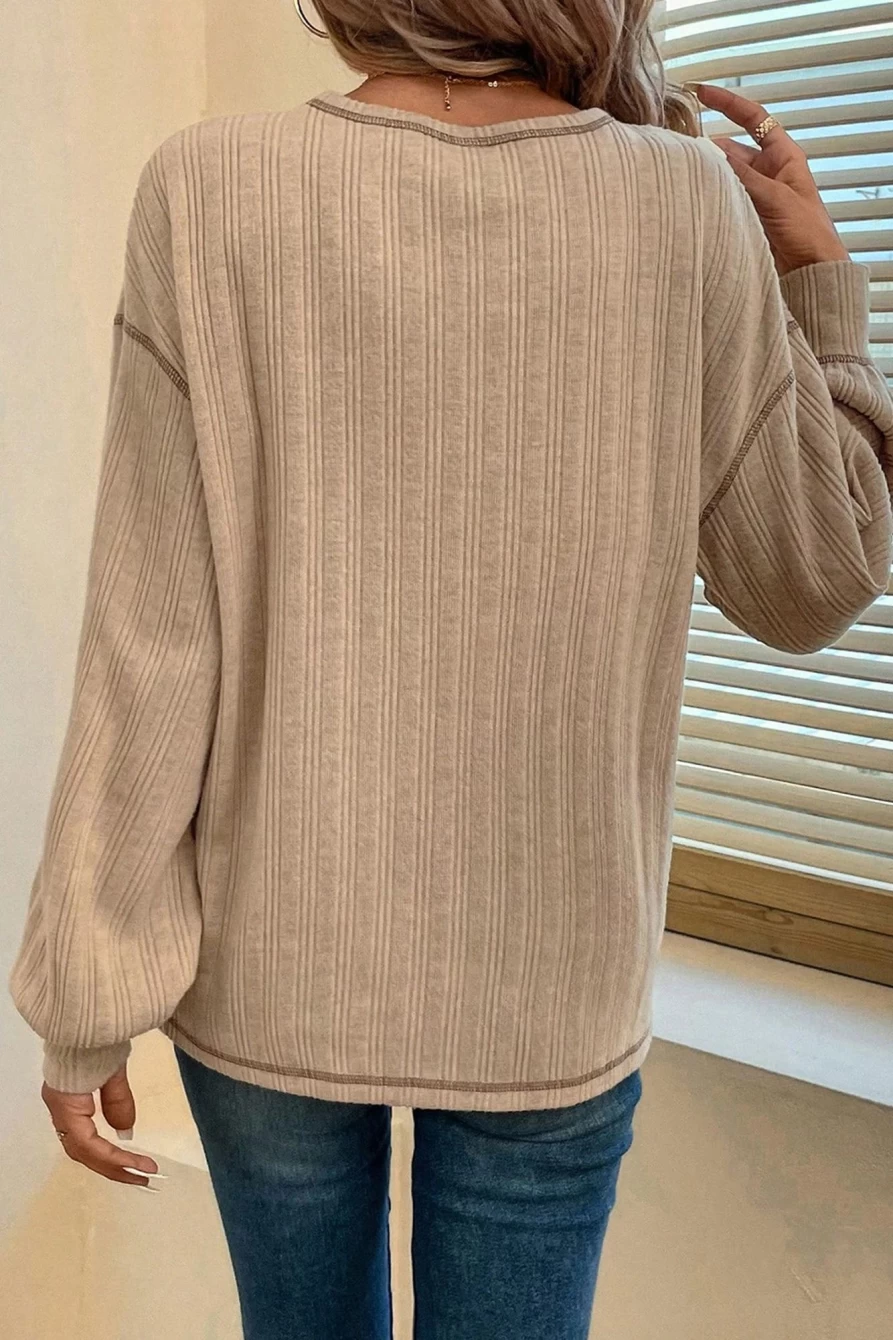 Shewin Women's Pale Khaki Exposed Stitching Textured Knit Long Sleeve Top