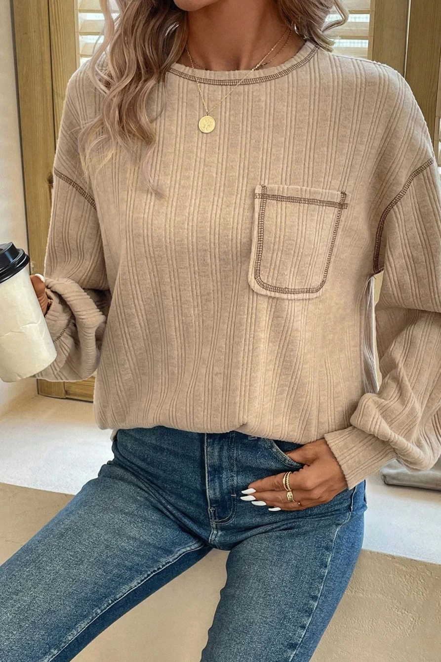 Shewin Women's Pale Khaki Exposed Stitching Textured Knit Long Sleeve Top