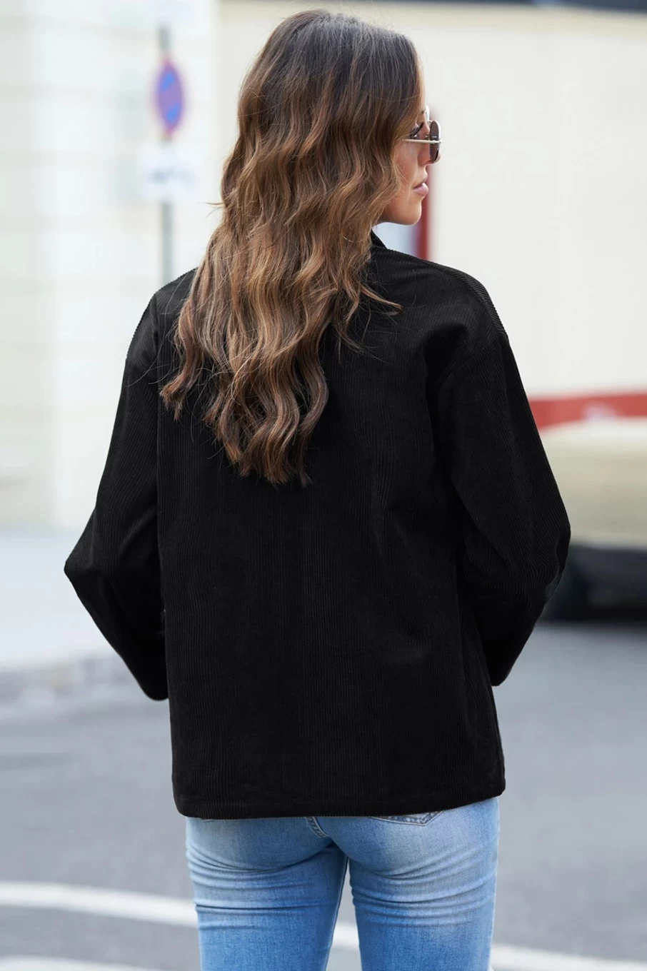 Shewin Women's Black Pocketed Button-Up Ribbed Textured Shacket