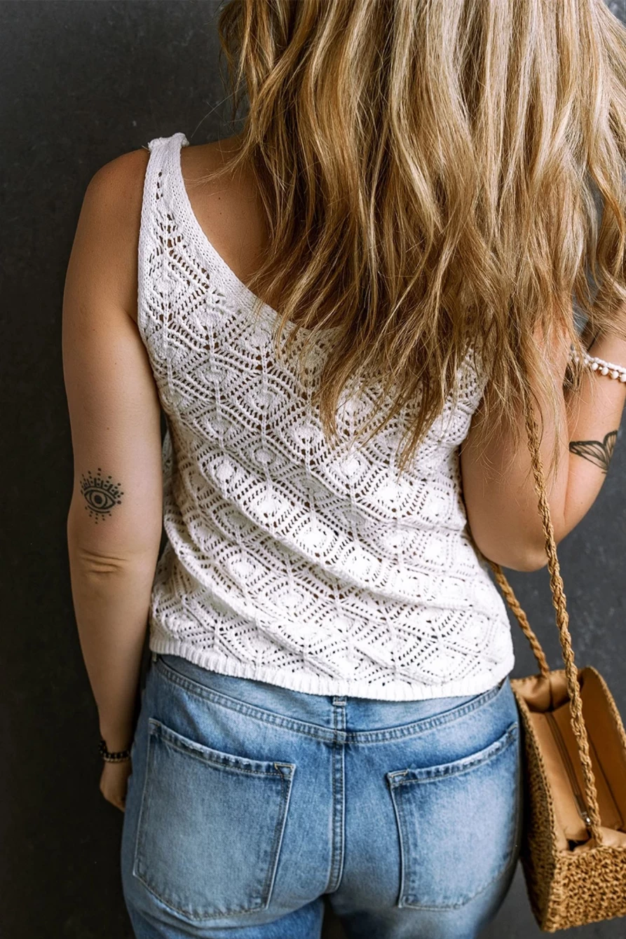 Shewin Women's White Pointelle Crochet V-Neck Knit Tank Top Lace Summer Blouse