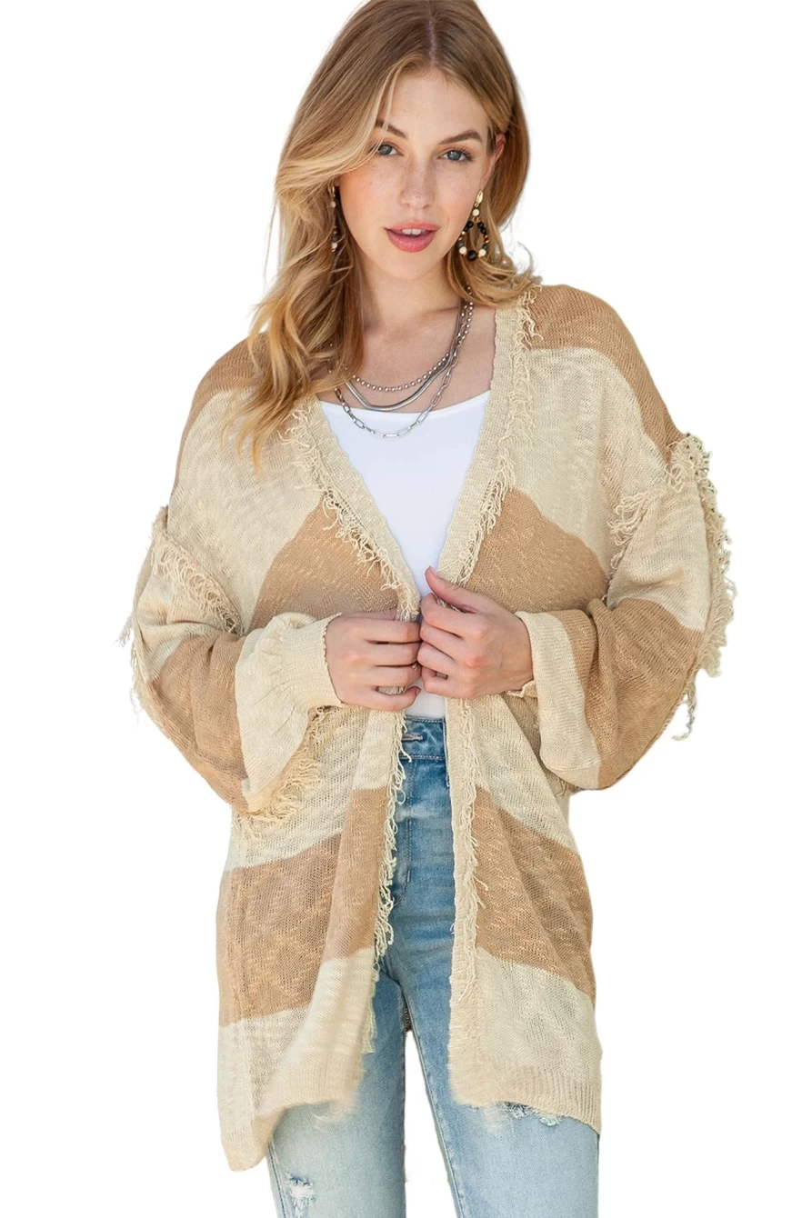 Shewin Women's Khaki Lightweight Open Front Cardigan - Raw Trim Casual Cover-Up