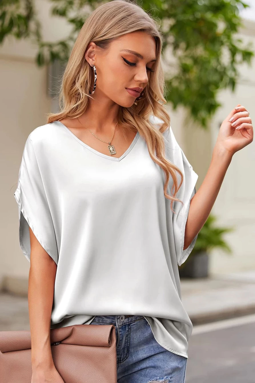 Shewin Women's White V-Neck Batwing Sleeve Satin Blouse - Solid Color Elegant Tops