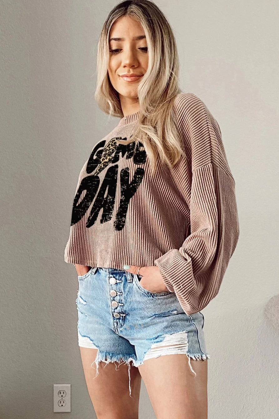 Shewin Women's Khaki Game Day Graphic Crop Top - Corded Knit Casual Tee