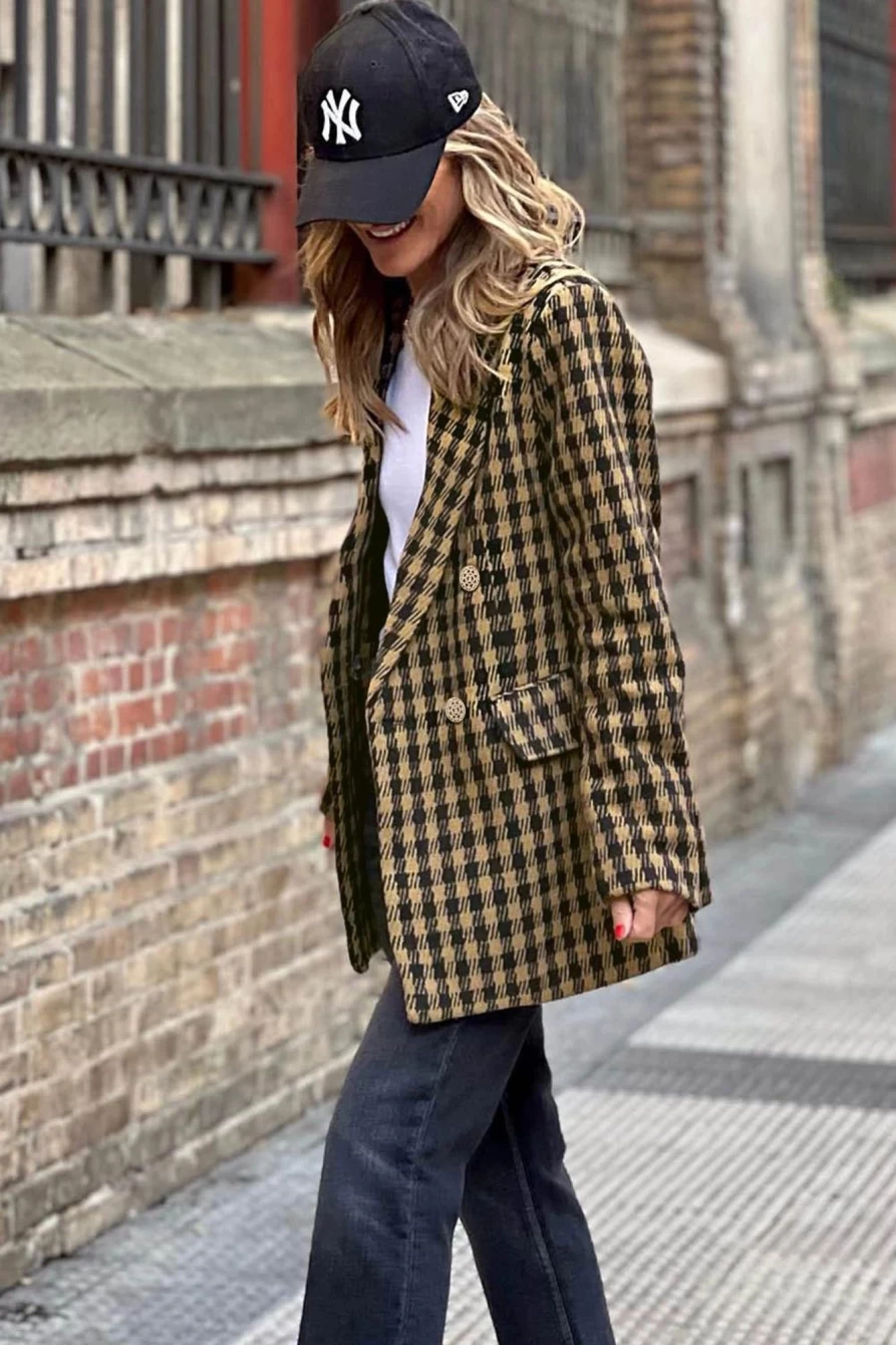 Shewin Women's Brown Plaid Tweed Double Breasted Blazer - Houndstooth Pattern Formal Jacket