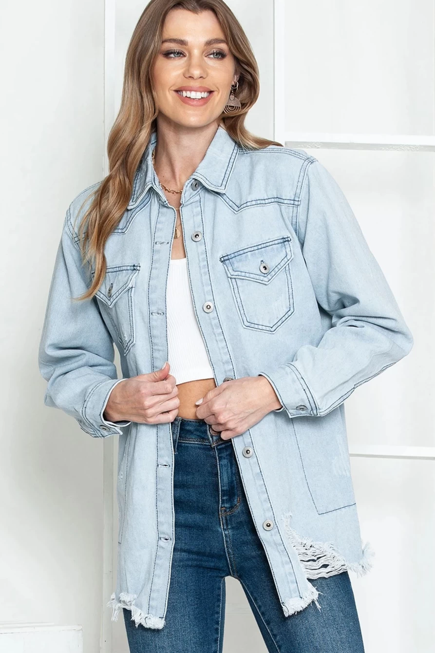 Women's Sky Blue Denim Shacket with Flap Pockets & Raw Hem - SHEWIN
