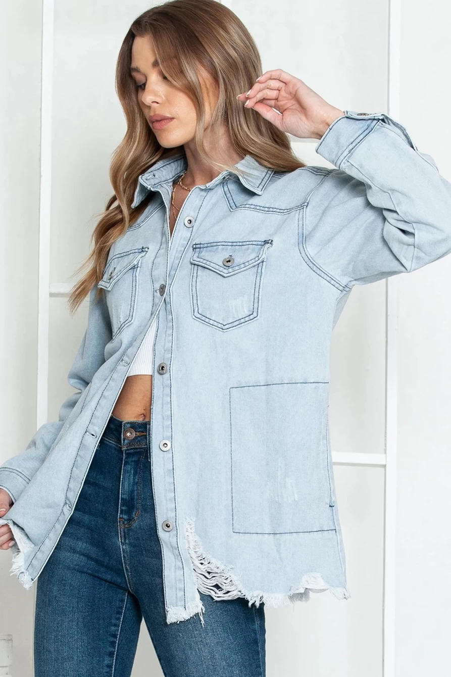 Women's Sky Blue Denim Shacket with Flap Pockets & Raw Hem - SHEWIN