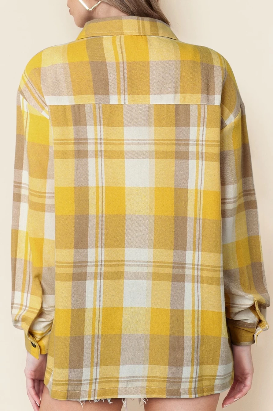 Women's Shewin Yellow Flannel Shacket - Long Sleeve Collared Button-Up Shirt Jacket