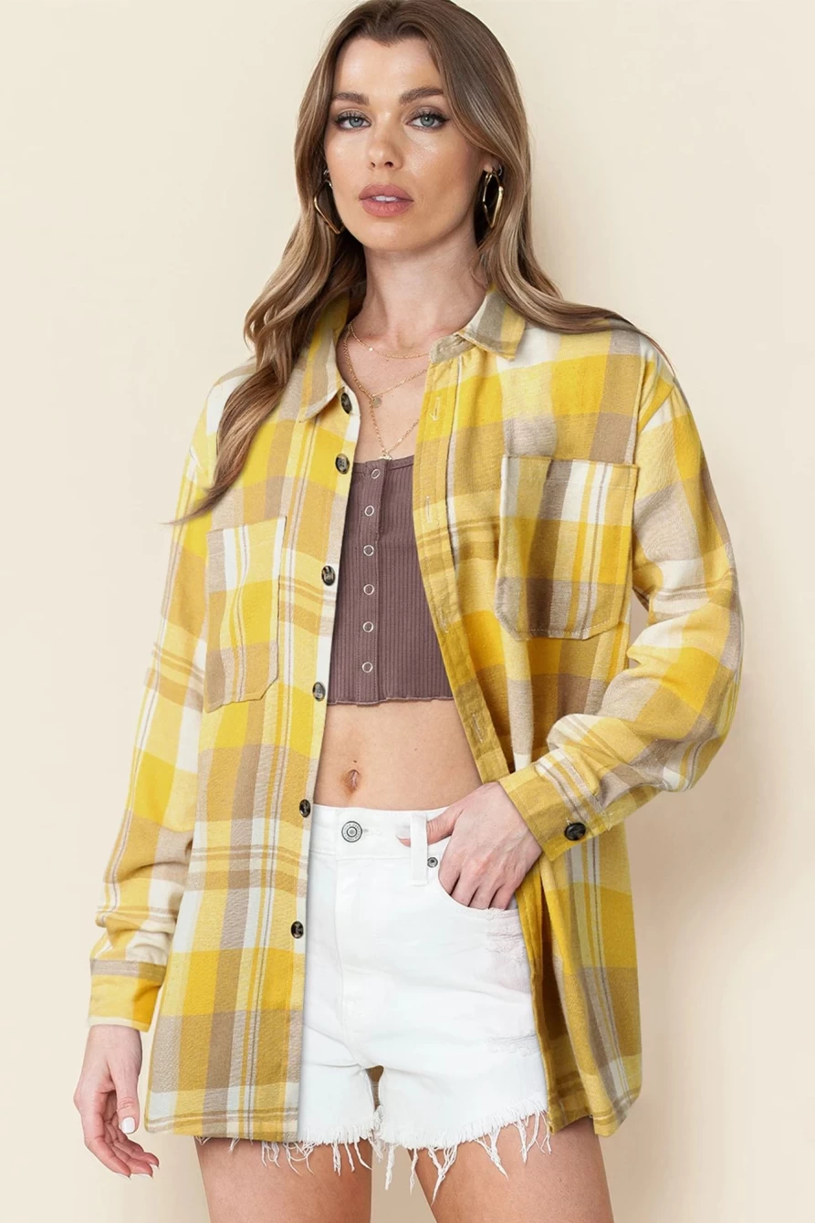 Women's Shewin Yellow Flannel Shacket - Long Sleeve Collared Button-Up Shirt Jacket