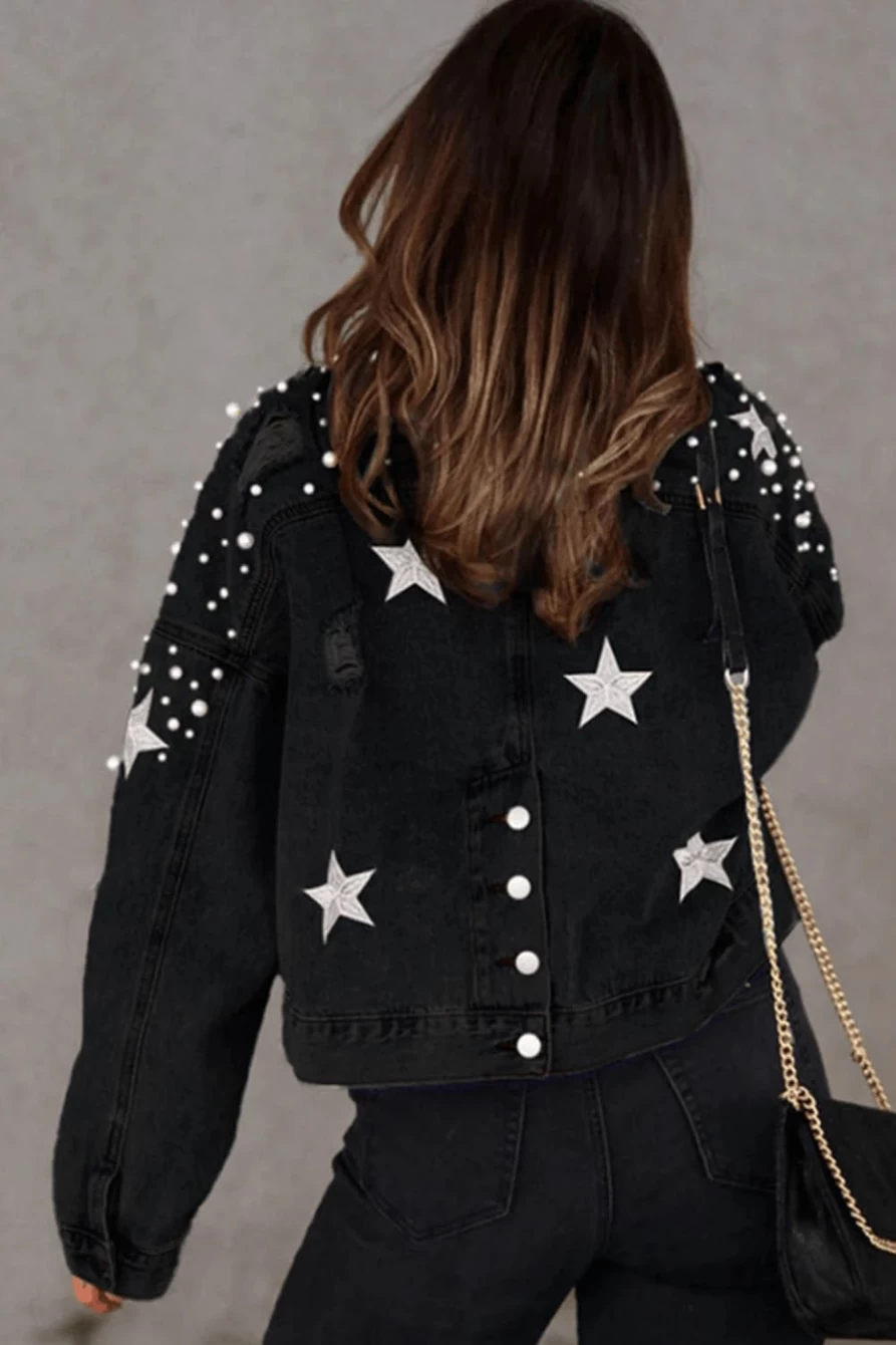 Shewin Women's Black Distressed Star & Pearl Embellished Cropped Denim Jacket