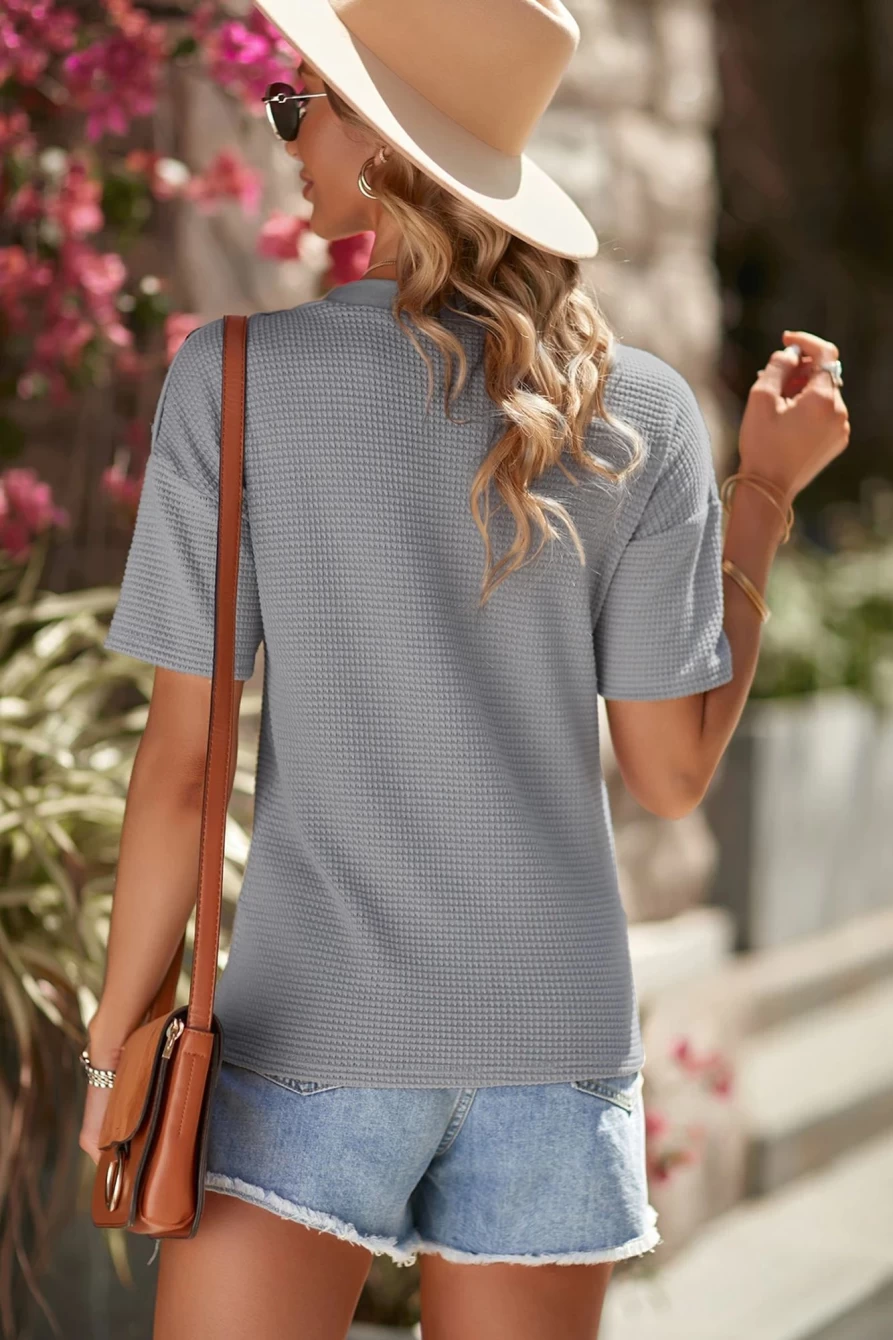 Women's Apricot Waffle Knit Short Sleeve Button Shoulder T-Shirt by Shewin