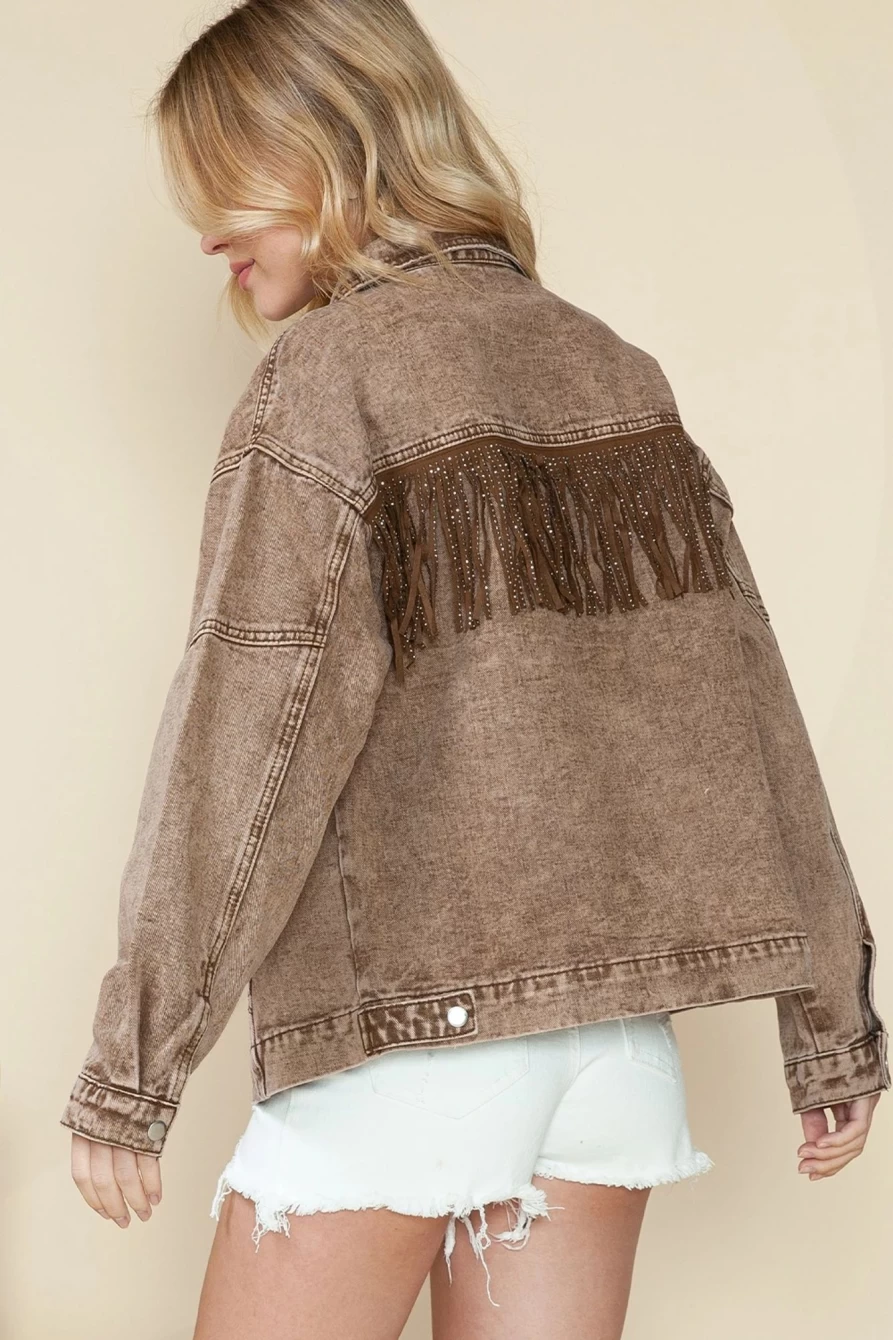 Shewin Women's Brown Vintage Denim Jacket with Rhinestone Fringe Detail