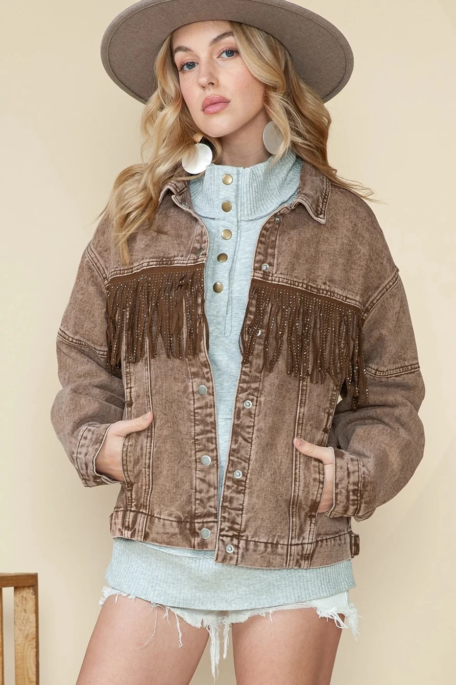 Shewin Women's Brown Vintage Denim Jacket with Rhinestone Fringe Detail