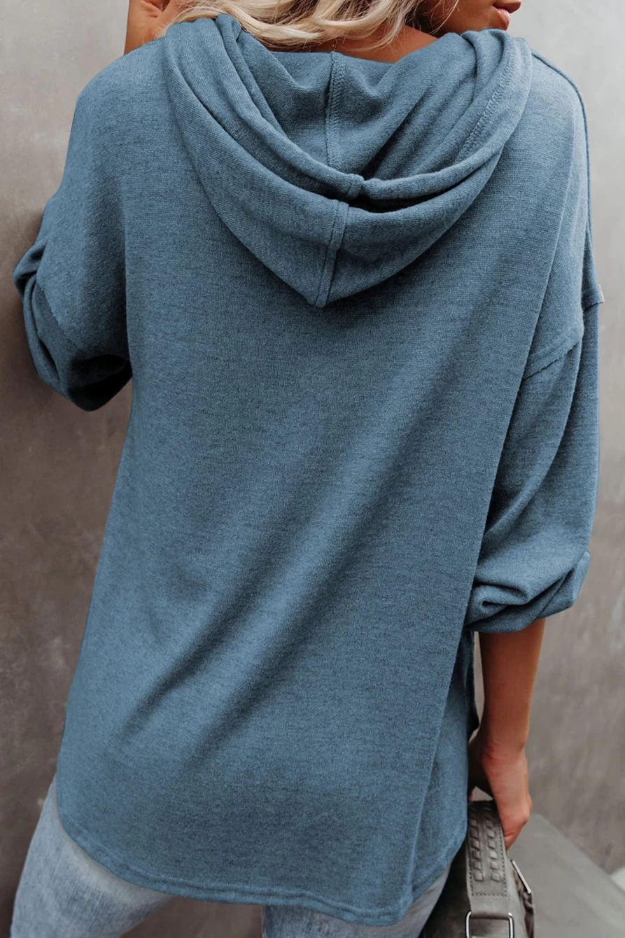 Shewin Women's Sky Blue Casual Button-Up High-Low Hem Hoodie