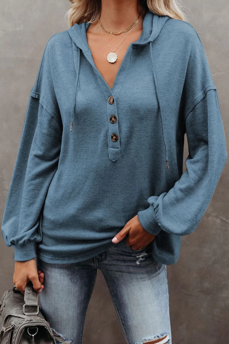 Shewin Women's Sky Blue Casual Button-Up High-Low Hem Hoodie