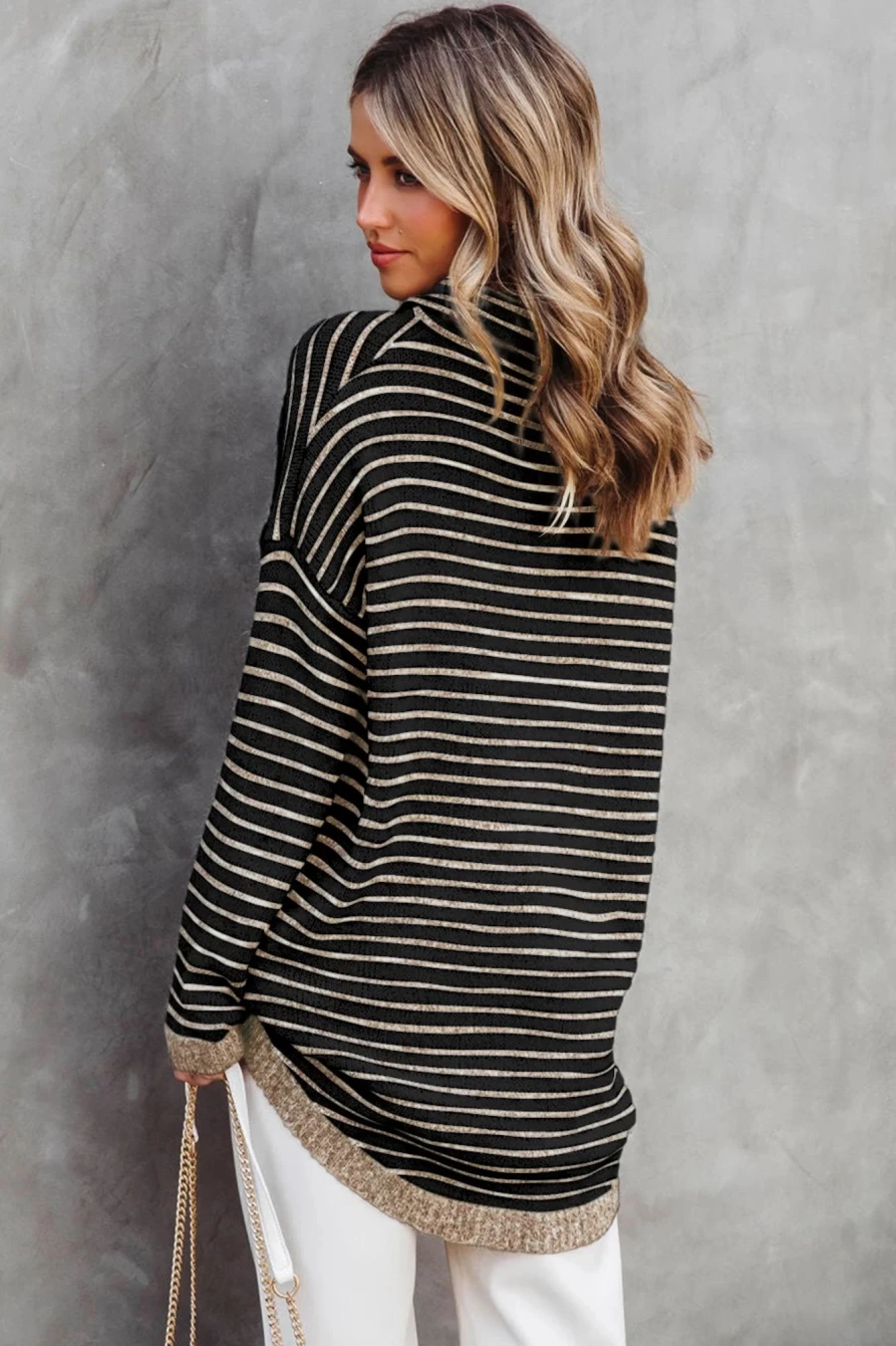 Shewin Women's Black Striped Turtleneck Long Sleeve Sweater
