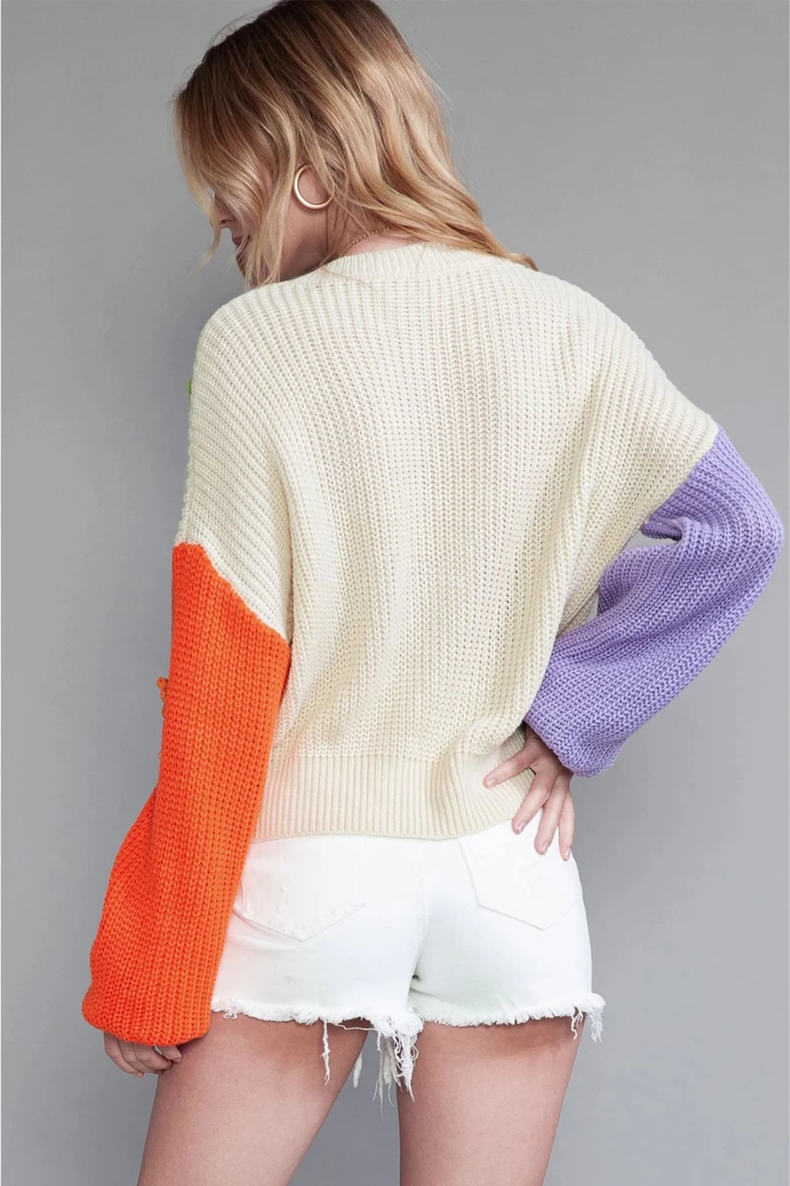 Shewin Women's Multicolour Floral Patchwork Knitted Sweater - Colorful Applique Design