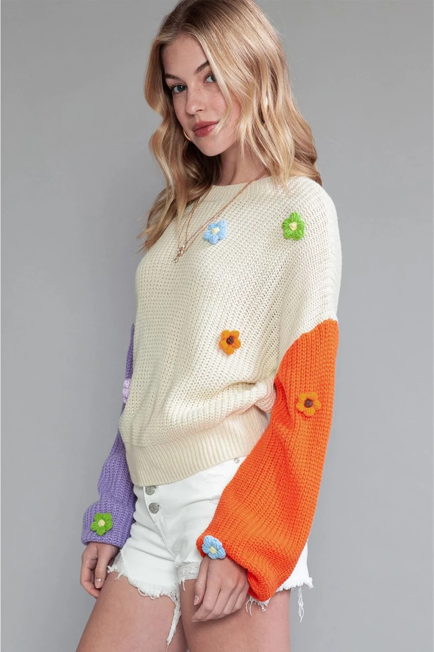 Shewin Women's Multicolour Floral Patchwork Knitted Sweater - Colorful Applique Design