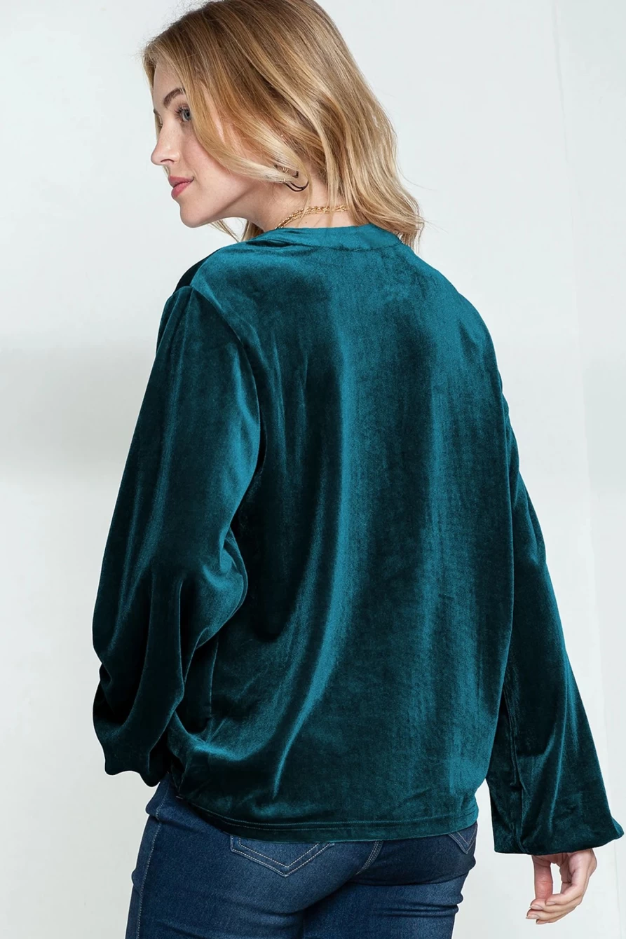 Shewin Women's Velvet Henley Top with Beaded V-Neck and Lantern Sleeves in Skobeloff Green