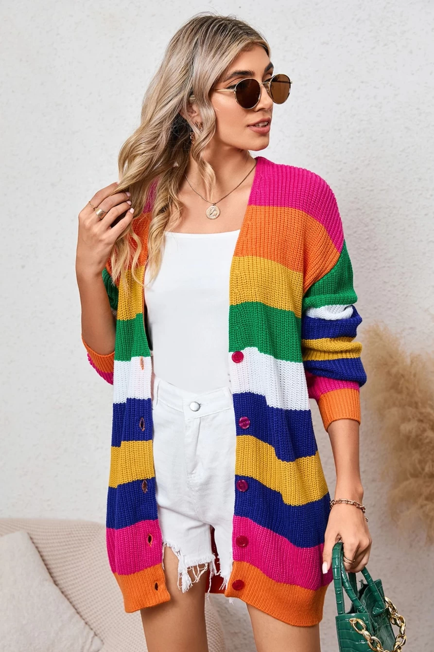Shewin Women's Multicolor Striped Knit Long Cardigan with Button Front