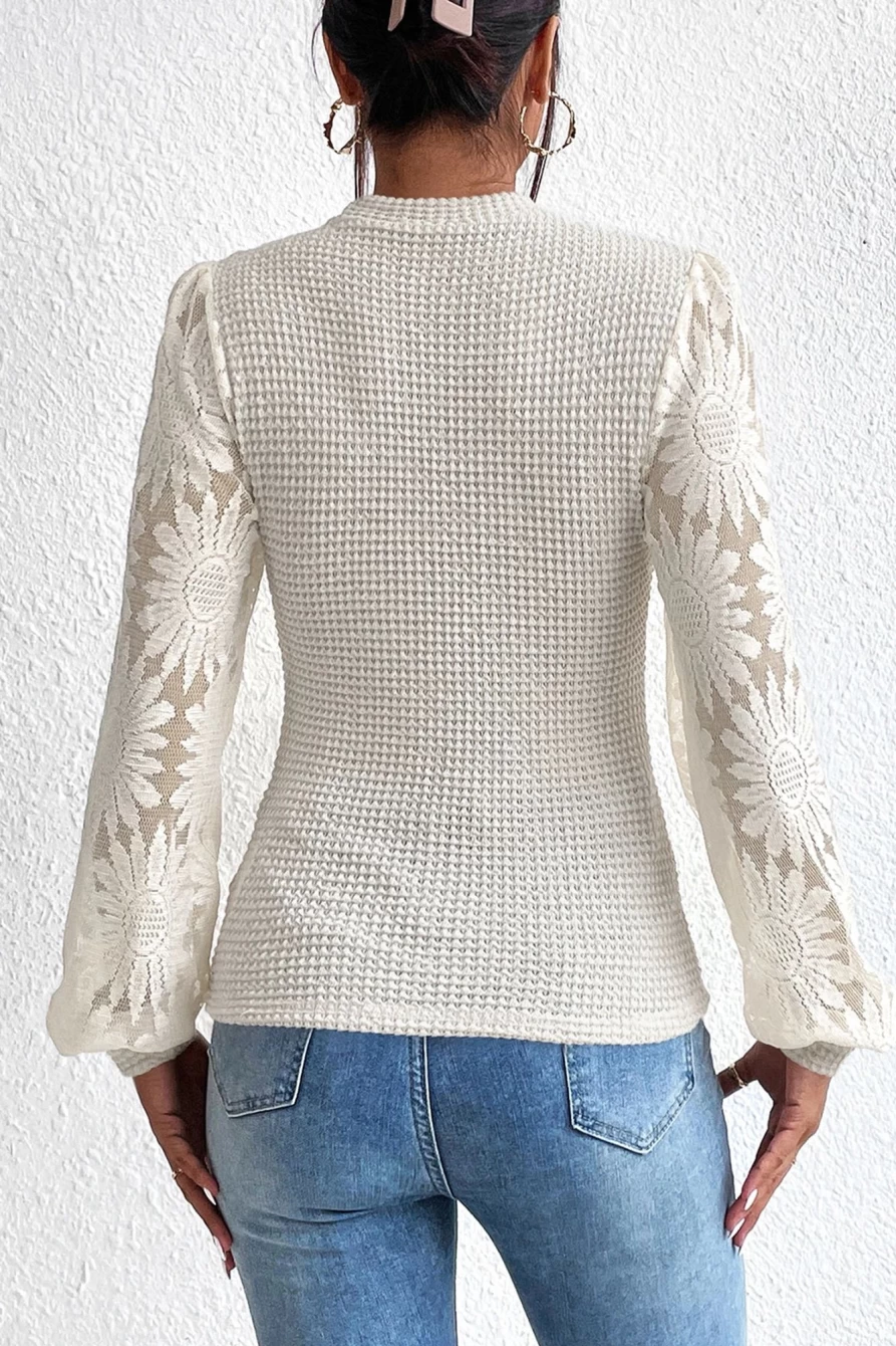 Shewin Women's Beige Sunflower Mesh Long Sleeve Waffle Knit Top