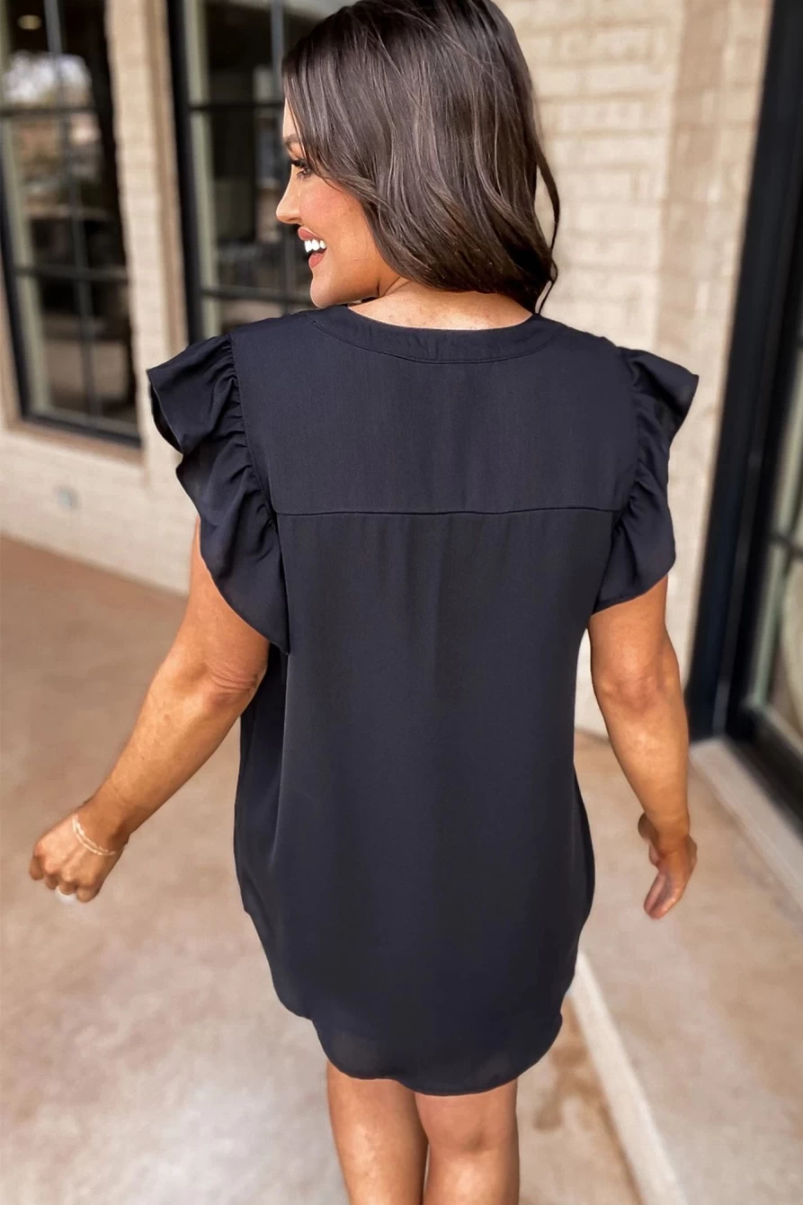 Shewin Women's Black Casual Blouse with Notched Neck and Ruffle Sleeves