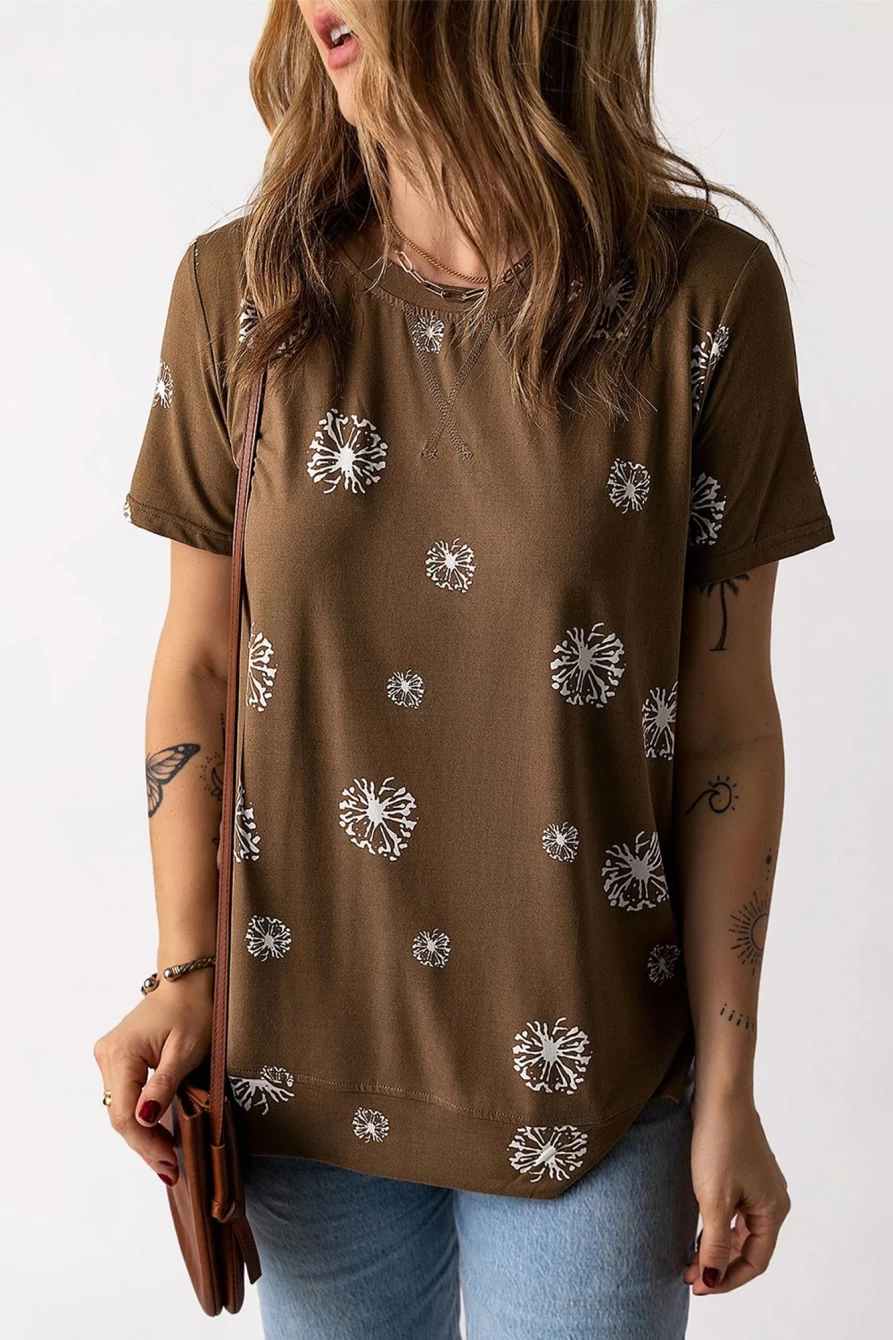 Shewin Women's Brown Casual Crew Neck T-Shirt with Dandelion Print