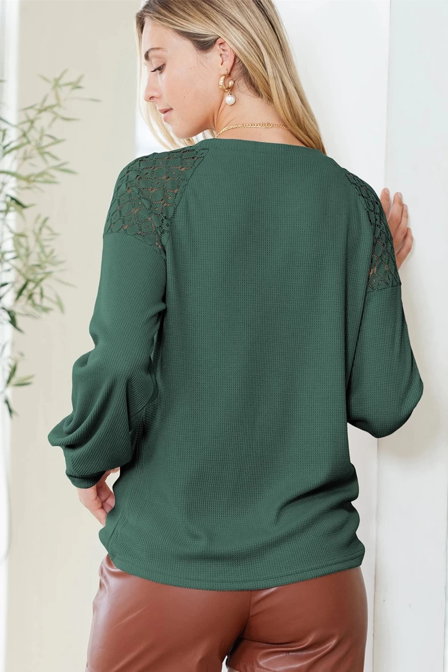 Shewin Women's Blackish Green Textured Pullover with Lace Splicing Long Sleeves