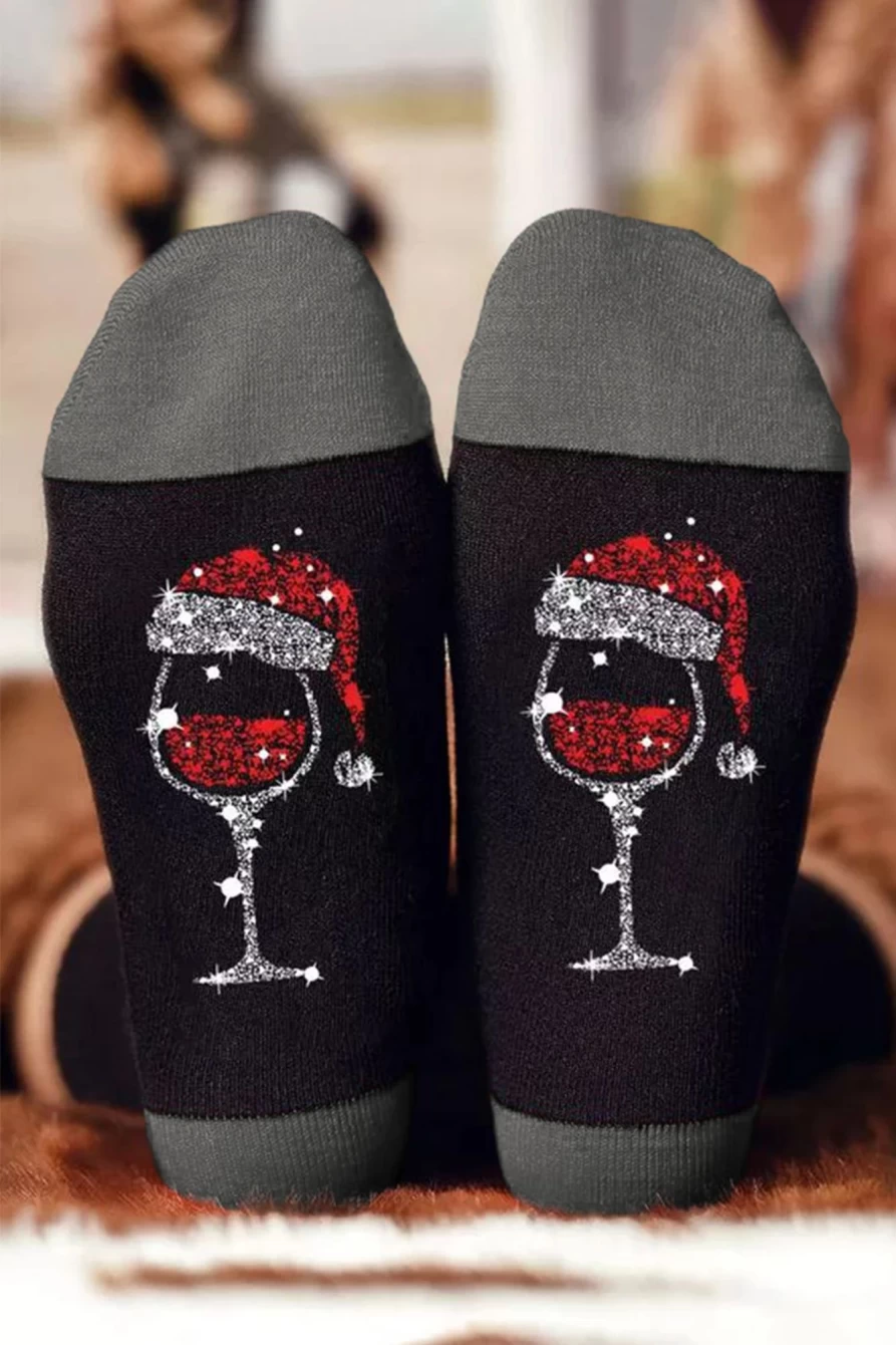 "Shewin Women's Santa Hat Goblet Graphic Socks in Philippine Gray - Festive Holiday Novelty Socks"