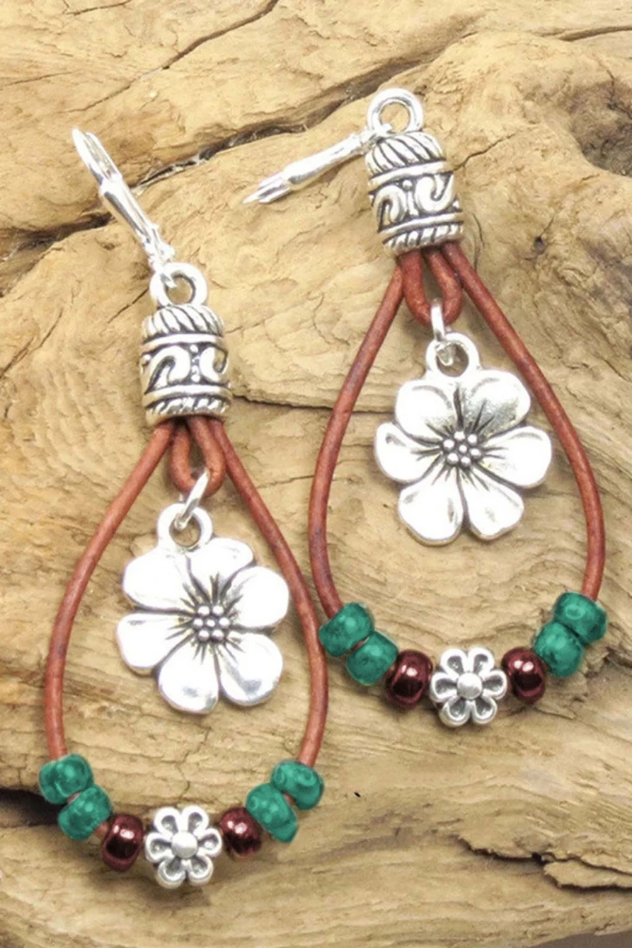 "Shewin Women's Silvery Leather Beaded Floral Dangle Earrings – Boho Chic Handmade Jewelry"