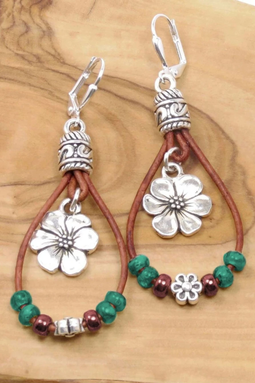 "Shewin Women's Silvery Leather Beaded Floral Dangle Earrings – Boho Chic Handmade Jewelry"