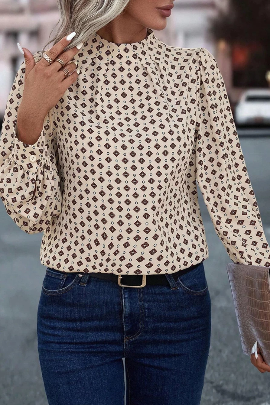 Shewin Women's Apricot Geometric Print Puff Sleeve Keyhole Back Blouse