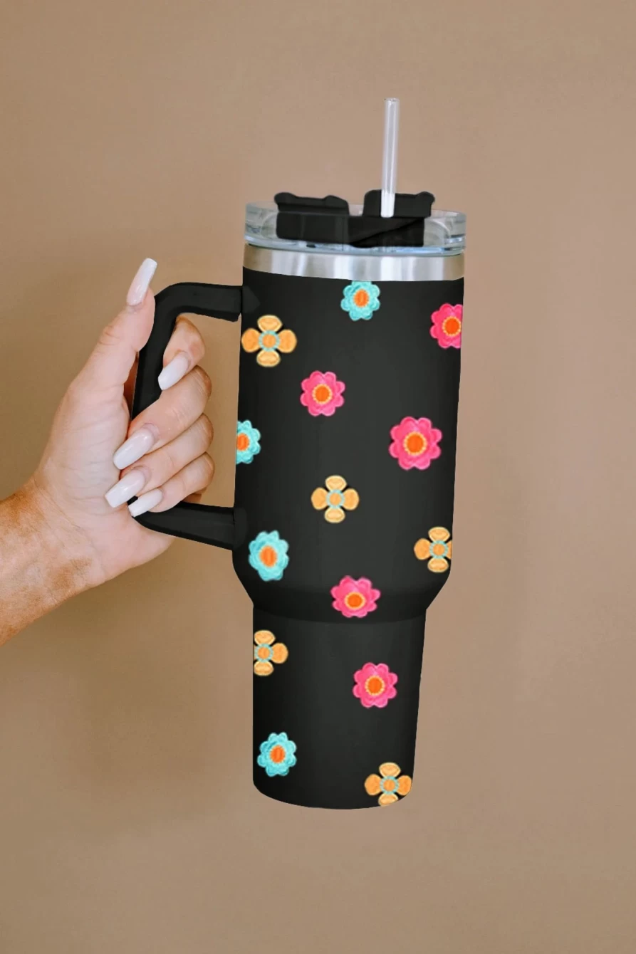 Shewin Black Stainless Steel Double Layer Thermos Tumbler for Women - Cute Florets Design, 304 Insulated Travel Mug