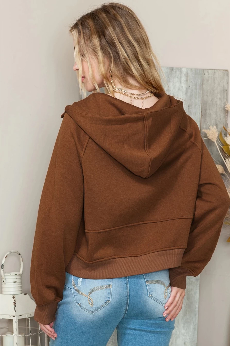 Shewin Women's Brown Thumbhole Half Zip Raglan Pullover Hoodie with Raglan Sleeves