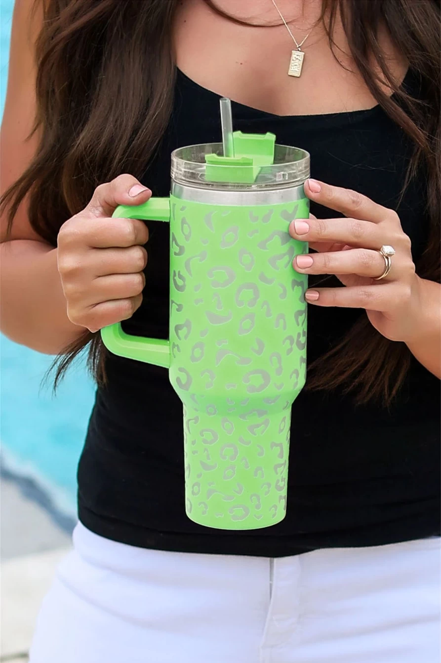 Shewin Green Leopard Print 304 Stainless Steel Double Wall Insulated Tumbler Mug with Handle for Women
