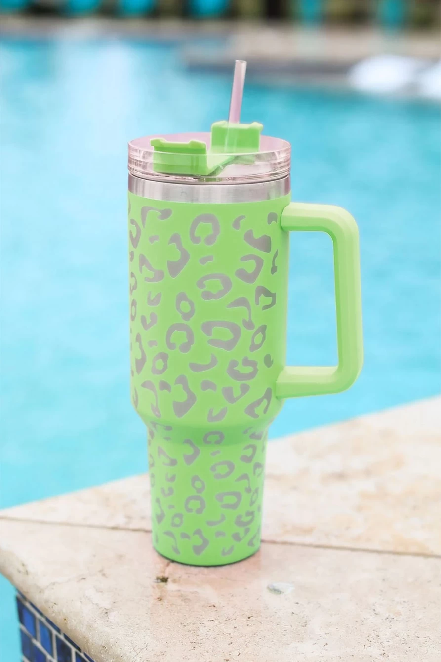 Shewin Green Leopard Print 304 Stainless Steel Double Wall Insulated Tumbler Mug with Handle for Women