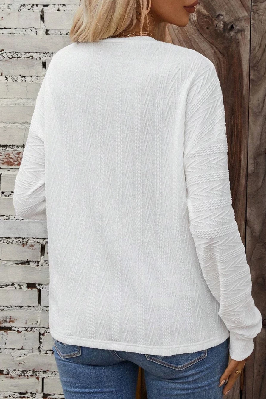 Shewin Women's White Textured Knit Drop Shoulder Round Neck Top