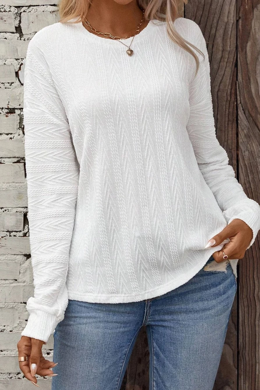 Shewin Women's White Textured Knit Drop Shoulder Round Neck Top